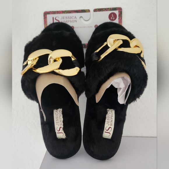 Jessica Simpson Women's Faux Fur Chain Link Embellished Slide Slippers. Size 8-9 - Picture 2 of 7
